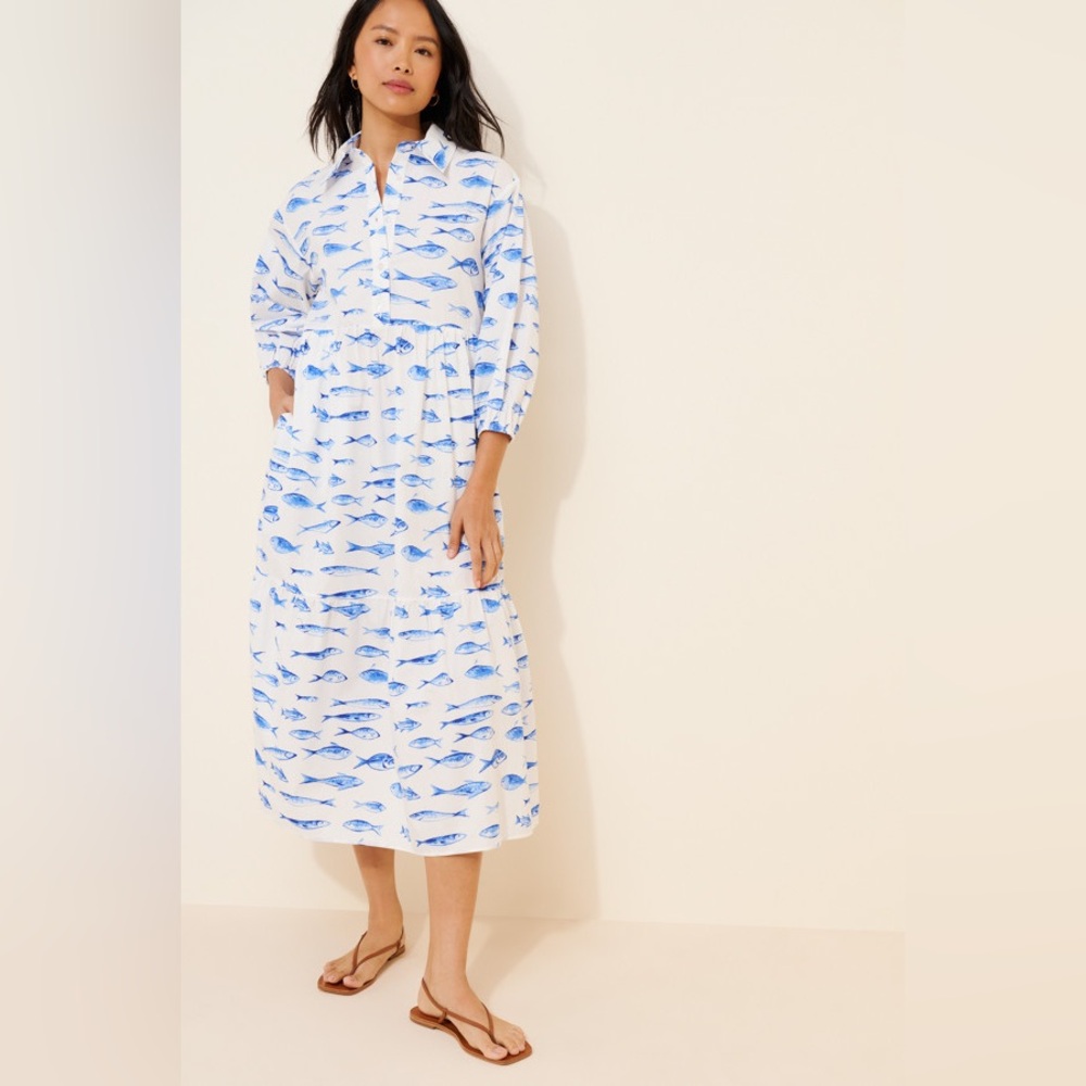 Anthropologie Maeve Bettina Shirt Dress in Blue Fish (size XXS)